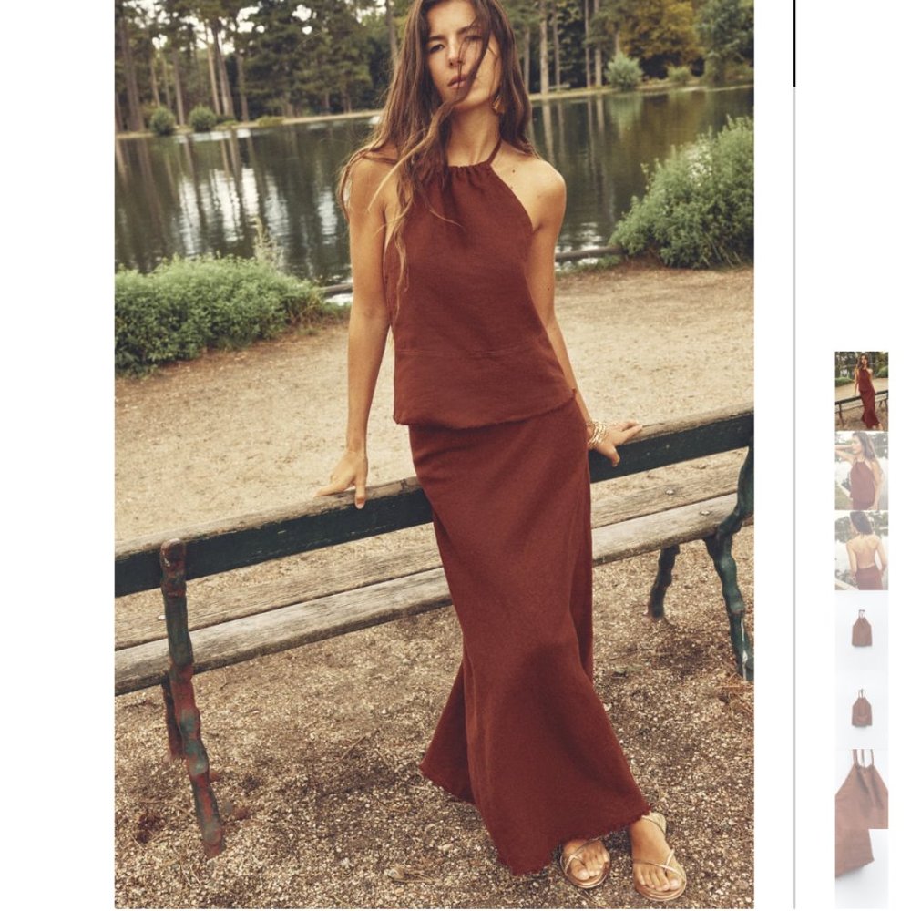 NWT ZARA 2 PIECES MATCH SET FRAYED LINEN HALTER TOP + MAXI SKIRT brick
